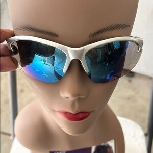 White Frame Blue Mirrored Sport Sunglasses - Women